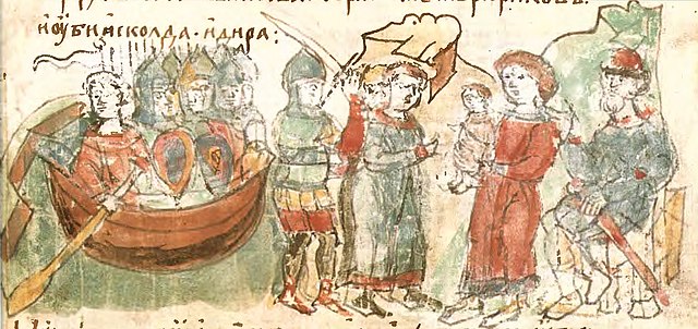 The murder of Askold and Dir by Oleg. Miniature from the Radziwill Chronicle, late 15th century.