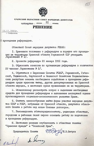 <span class="mw-page-title-main">1991 Crimean sovereignty referendum</span> Referendum on whether to re-establish the Crimean Autonomous Soviet Socialist Republic