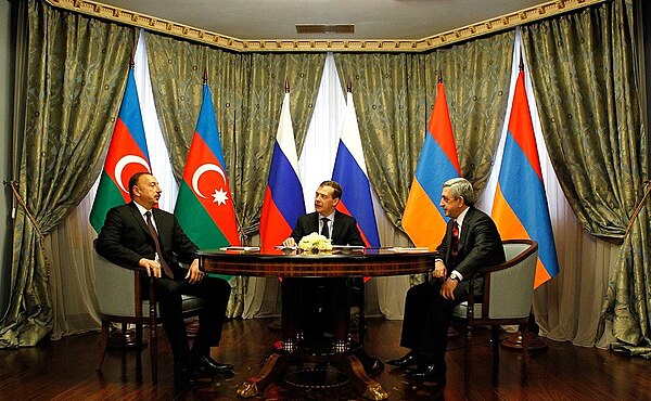 Azerbaijani President Ilham Aliyev, Russian President Dmitry Medvedev and Armenian President Serzh Sargsyan on 23 January 2012