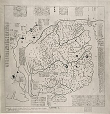 Copy of the Huayi tu, a 12th century map of China. Included in the map is the Great Wall of China and it covers all the territories of China with a few foreign states on the edge. Hua Yi Tu Fu Zhu .jpg