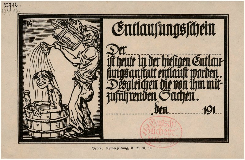 File:1916 circa Fred Hendriok, Entlausungsschein, Druck Armeezeitung A. O. K. 10, Deutsche Bücherei Leibzig, Deutsche Nationalbibliothek, Sammlung Erster Weltkrieg.jpg