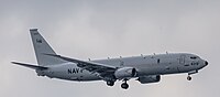 A US Navy P-8 Poseidon, tail number 168429, on final approach at Kadena Air Base in Okinawa, Japan.