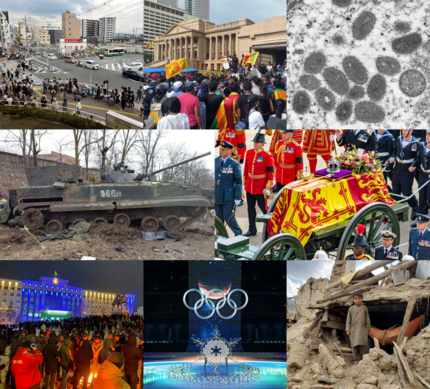Clockwise, from top left: Road junction at Yamato-Saidaiji Station several hours after the assassination of Shinzo Abe; Anti-government protest in Sri Lanka in front of the Presidential Secretariat; The global monkeypox outbreak begins in the United Kingdom on 6 May; Lying-in-State of Elizabeth II at Westminster Hall; A child stands among the rubble of a house after the June 2022 Afghanistan earthquake; A scene from the opening ceremony of the 2022 Winter Olympics in Beijing, China; Demonstrators on the central square of Aktobe during the 2022 Kazakh unrest; A Russian BMP-3 near Mariupol destroyed during the 2022 Russian invasion of Ukraine. 2022 collage V1.png