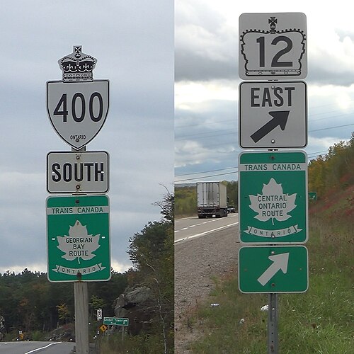 A Trans-Canada Highway marker mounted under a Highway 400 shield (left), with the TCH departing the 400 to follow Highway 12 (right)
