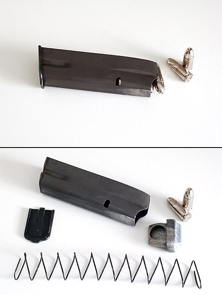 A staggered-column 9×19mm Browning Hi-Power pistol box magazine. The top image shows the magazine loaded and ready for use, while the lower image show