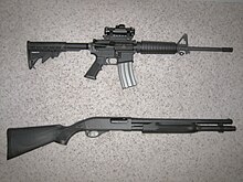 The semi-automatic Colt AR-15 (top) and the pump action Remington Model 870 (bottom); these weapons' actions are common for their respective types. AR-15 and Remington Model 870.jpg