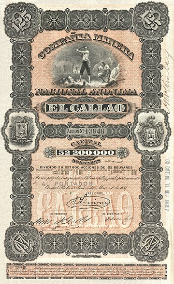 Certificado de ações de 125 bolívares, emitido pela Compañía Minera El Callao em 1 de março de 1887 na Ciudad Bolívar, Venezuela. Projeto gráfico com cena de mineração subterrânea, ricamente ornamentado com brasões e monogramas da companhia. (definição 3 961 × 3 961)