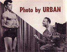 Urban (right) in his photography studio with model Jimmy Stergiou in 1953. Al Urban Tomorrows Man v1 n4 1953 (page 41 crop).jpg