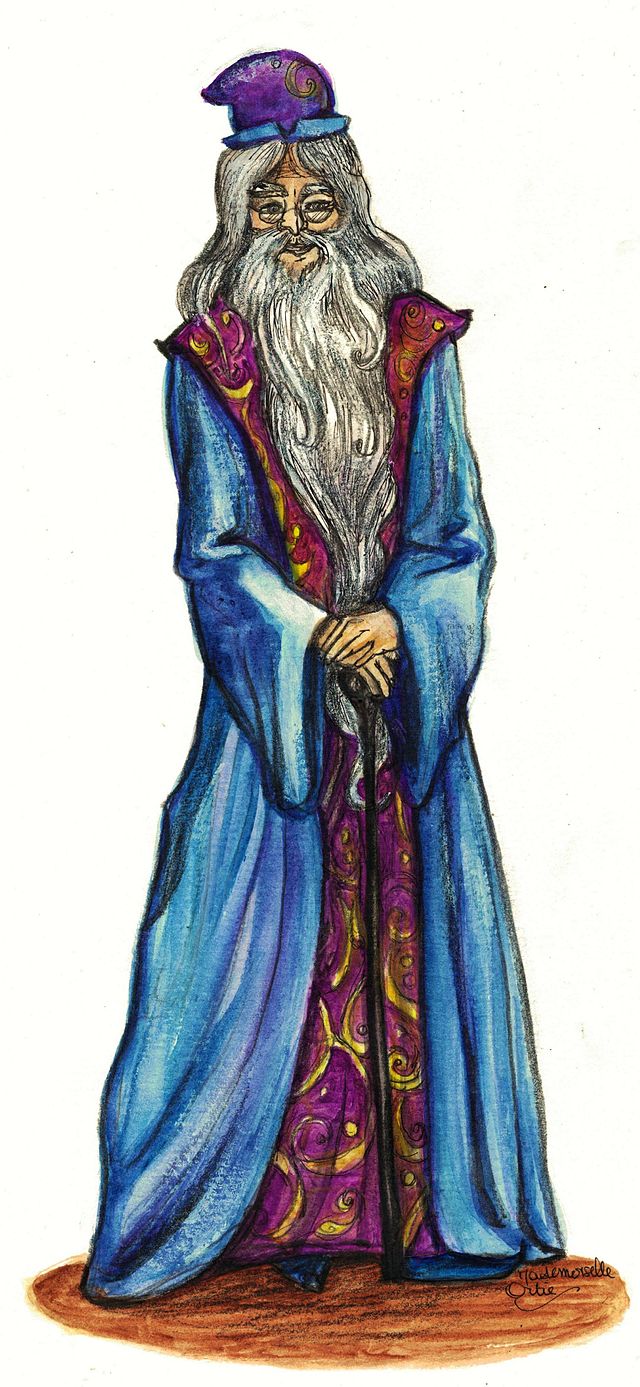 Une interprétation d'Albus Dumbledore réalisée à l'aquarelle et au fusain par Mademoiselle Ortie.