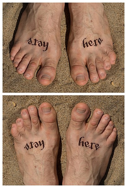 File:Ambigram tattoo Stay here written on feet - up and down.jpg