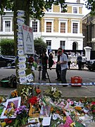 Tributes outside Amy Winehouse's home at Camden Square days following her death on 23 July 2011.