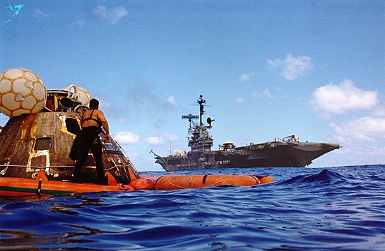 The mice and Command Module America retrieved by the USS Ticonderoga, December 19, 1972 (the three astronauts were already on board the ship)