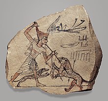 Sketch of pharaoh spearing a lion on an ostracon, 20th Dynasty Artist's Sketch of Pharaoh Spearing a Lion MET 1191R2 Sec501M.jpg