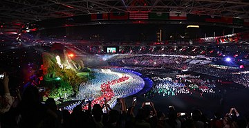 2018 Asian Games opening ceremony in Jakarta. Asian Games 2018 GBK Stadium Opening 01.jpg