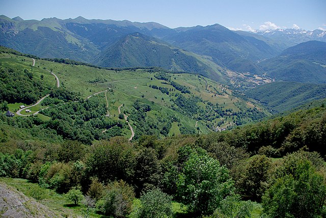 View from the col d'Aspin showing the climb from Arreau.