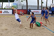 Deutsch: Beachhandball Europameisterschaften 2019 (Beach handball Euro); Tag 3: 4. Juli 2019 – Männer, Platzierungsrunde Gruppe IV, Rumänien-Portugal 2:0 (15:14, 25:24) English: Beach handball Euro; Day 3: 4 July 2019 – Men Consolation Round Group IV – Romania-Portugal 2:0 (15:14, 25:24)