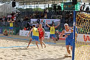 Deutsch: Beachhandball Europameisterschaften 2019 (Beach handball Euro); Tag 3: 4. Juli 2019 – Männer, Hauptrunde Gruppe II, Polen-Ukraine 2:0 (24:13, 23:22) English: Beach handball Euro; Day 3: 4 July 2019 – Men Main Round Group II – Poland-Ukraine 2:0 (24:13, 23:22)