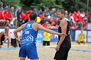 Deutsch: Beachhandball Europameisterschaften 2019 (Beach handball Euro); Tag 3: 4. Juli 2019 – Männer, Hauptrunde Gruppe I, Serbien-Deutschland 2:1 (14:25, 20:18, 7:6) English: Beach handball Euro; Day 3: 4 July 2019 – Men Main Round Group I – Serbia-Germany 2:1 (14:25, 20:18, 7:6)