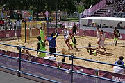 Deutsch: Beachhandball bei den Olympischen Jugendspielen 2018; Tag 4, 10. Oktober 2018; Jungs, Vorrunde, Gruppe A - Spanien-Venezuela 2:0 English: Beach handball at the 2018 Summer Youth Olympics at 10 October 2018 – Boys Preliminary Round Group A – Spain-Venezuela 2:0