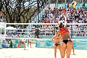 Deutsch: Beachvolleyball bei den Olympischen Jugendspielen 2018; Tag 9, 15. Oktober 2018; Mädchen, Viertelfinale: USA-Spanien 2–1 (21–19/17–21/15–9) English: Beach volleyball at the 2018 Summer Youth Olympics at 15 October 2018 – Girls Quarterfinals: USA-Spain 2–1 (21–19/17–21/15–9)