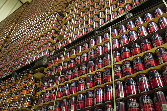 Beer cans are stored in the Backpocket Brewing Company production facility in Coralville.