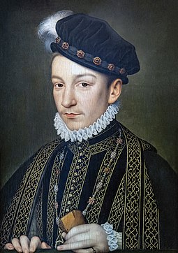 Charles IX of France, after Francois Clouet, c. 1565. The Venetian ambassador Giovanni Michiel described Charles as "an admirable child, with fine eyes, gracious movements, though he is not robust. He favours physical exercise that is too violent for his health, for he suffers from shortness of breath". Bemberg Fondation Toulouse - Portrait de Charles IX - Francois Clouet - Inv.1012.jpg