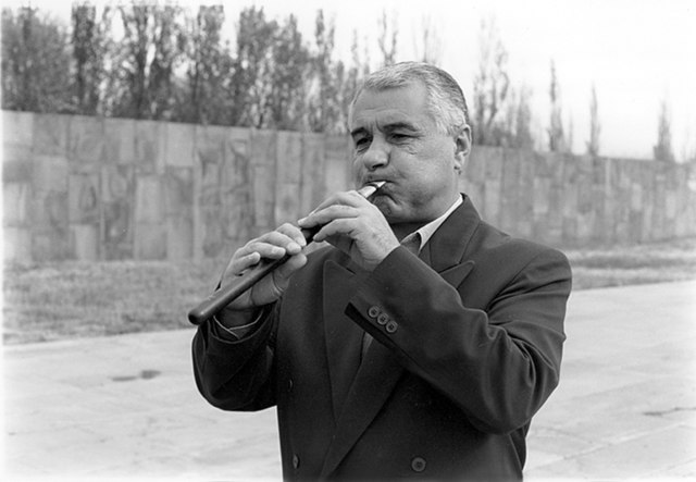 Benik Ignatyan playing the duduk at the Armenian Genocide memorial complex in Yerevan, Armenia, 1997.