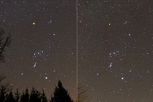 Созвездие Ориона со звездой Бетельгейзе в обычном состоянии (слева) и во время необычайно сильного падения видимой звёздной величины в начале 2020 года (справа).