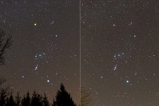 Orion, with Betelgeuse at its usual magnitude (left) and during the unusually deep minimum in early 2020 (right)