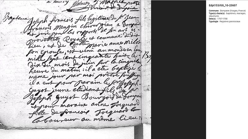 File:Birth Certificate of Joseph François Mangin in Dompaire, Vosges, France (1758).jpg
