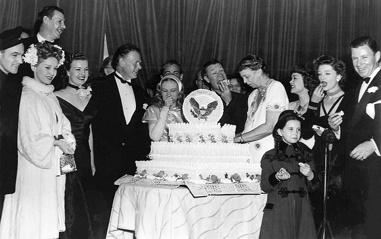 Eleanor Roosevelt with celebrities invited to Washington, D.C., for the 1945 President's Birthday Ball