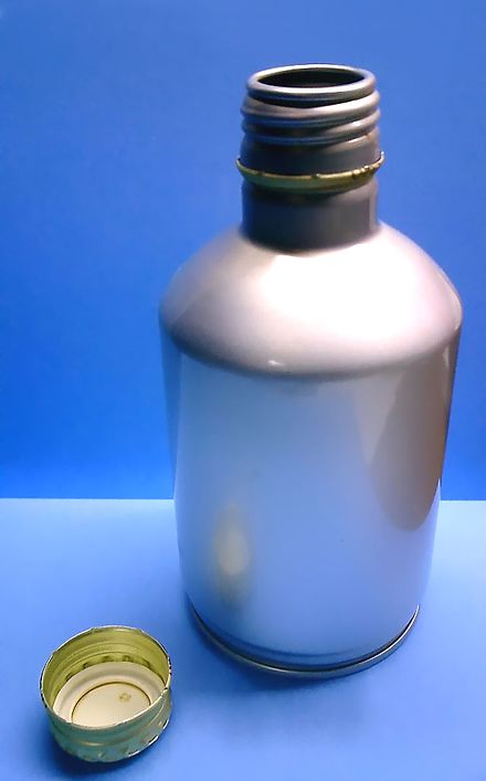 An aluminum bottle with a threaded aluminum screw closure