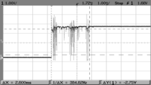 Snapshot of switch bounce on an oscilloscope. The switch bounces between on and off several times before settling. Bouncy Switch.png