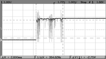 Snapshot of switch bounce on an oscilloscope. The switch bounces between on and off several times before settling.