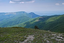 Восточные вершины Бойкинского массива, наблюдаемые с юга (с горы Рока, Ай-Петринская яйла). В центре выступает вершина Караул-Кая, за ней и чуть левее — Сотира.