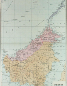 Map of the island divided between the British and the Dutch, 1898. The present boundaries of Malaysia, Indonesia and Brunei are largely inherited from the British and Dutch colonial rules. British and Dutch Borneo, 1898.png