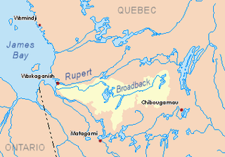 Assinica River tributary of Broadback river (watershed of James Bay), in Eeyou Istchee Baie-James, in administrative region of Nord-du-Québec, in Quebec, in Canada