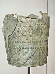 Bronze cuirass, weighing 2.9 kg, Grenoble, end of 7th century - early 6th century BC Bronze cuirass 2900g Grenoble end of 7th early 6th century BCE.jpg
