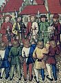 Citizens of Zürich on 1 May 1351 are read the Federal Charter as they swear allegiance to representatives of Uri, Schwyz, Unterwalden and Lucerne. One of the representatives carries a typical Swiss halberd of the period depicted (as opposed to the time the image was made, 1515).
