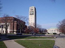 Burton Tower, with Hill Auditorium (left) and the Rackham School of Graduate Studies (right), at the University of Michigan