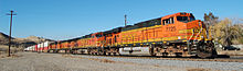 A BNSF train of loaded well cars (or double-stack cars) at Caliente, California, United States. Caliente California Burlington Northern Santa Fe.JPG