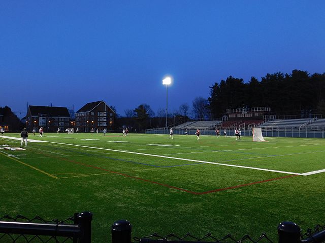 The Bates football, lacrosse, track & field, running, soccer, and frisbee teams all practice and compete on Garcelon Field.