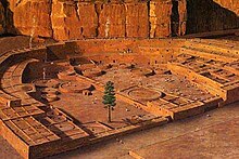 Chaco Canyon and the Pueblo Bonito (center), c. 828 BCE to c. 1126 CE, depicted in a 2007 NASA reconstruction Chaco Canyon Pueblo Bonito digital reconstruction.jpg