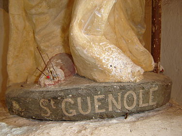 The feet of the statue of Saint Guenole (Winwaloe, Guignole), in a chapel of Prigny (Loire-Atlantique), are pierced with needles by local girls who hope to find their soulmates in this way. Chapelle-du-prigny-Pieds-St-Guenole.jpg