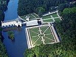 Aerial view of Château de Chenonceau and its gardens