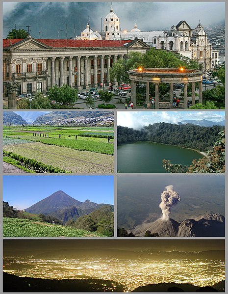 Counterclockwise from top: Quetzaltenango Central Park, Fertile valley of Almolonga, Chicabal Lagoon, Santa Maria Volcano, Santiaguito Volcano & Quetz