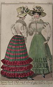 Illustration of tartan dresses in French style of the era, frilly and with no relation to Scottish garb