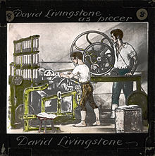 A lantern slide, showing later missionary David Livingstone (1813-73) as a cotton piercer around 1825 Cotton Mill Piecer, ca.1825 (imp-cswc-GB-237-CSWC47-LS16-008).jpg