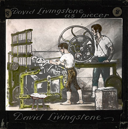 A lantern slide, showing later missionary David Livingstone (1813–73) as a cotton piercer around 1825