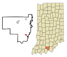 Crawford County Indiana Incorporated ve Incorporated alanları Leavenworth Highlighted.svg